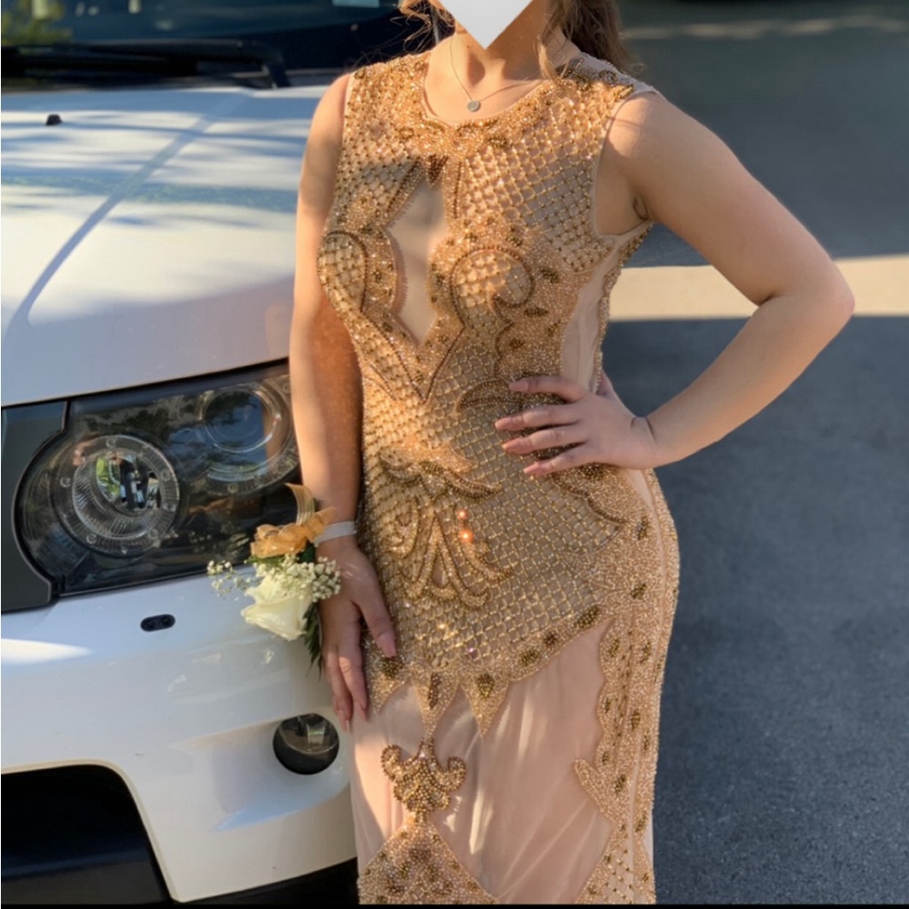Gold evening gown. only worn once. altered petite. message for negotiations.
